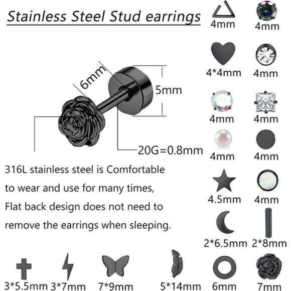 18 Pairs Stainless Steel Stud Earrings Set for Women Men Star Moon flowe… - Picture 8 of 15